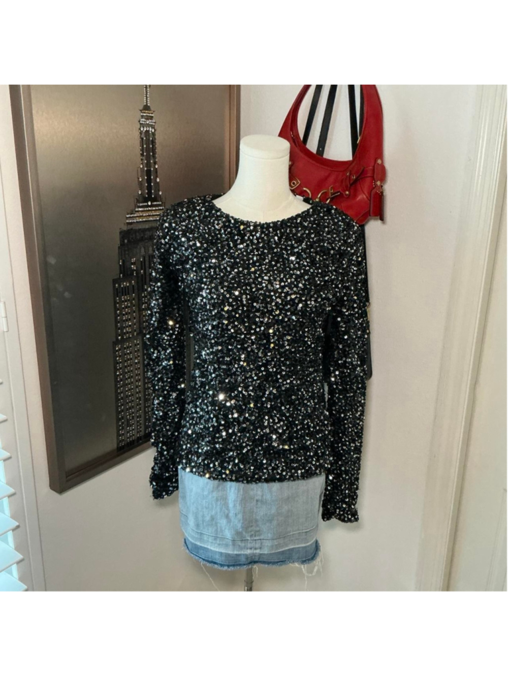 GAP Black Sequin Long Sleeve Party Top Size Small